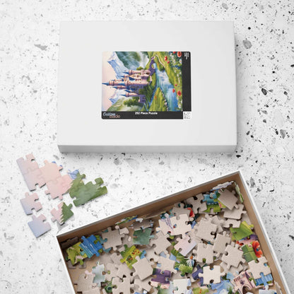 Jigsaw Puzzle, Fairytale Castle Landscape Puzzle - Snow-capped Mountains, Wildflowers, River, Scenic Puzzle Puzzle The Puzzle Chest