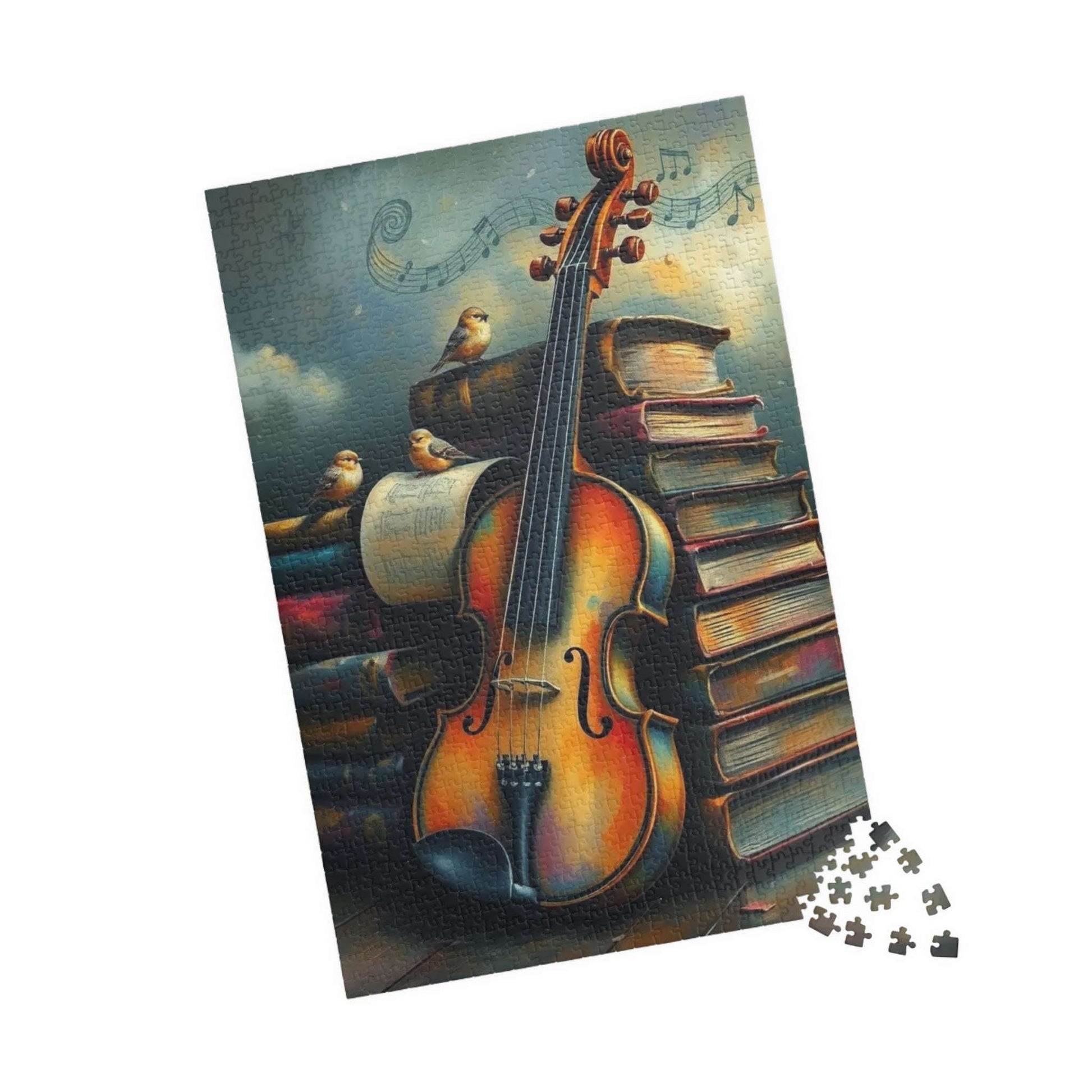 Violin and Storybooks Jigsaw Puzzle with Birds and Music Notes - Gift for Musician, Book Lover, or Teacher, Musical Instrument Puzzle