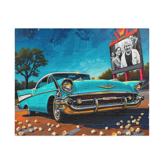 Nostalgic 1950s Car Puzzle, Turquoise Bel Air at Neon-Lit Drive-In, Classic American Car Enthusiast, Best Gift for Him, Mindfulness 110 pcs (Horizontal) Puzzle The Puzzle Chest