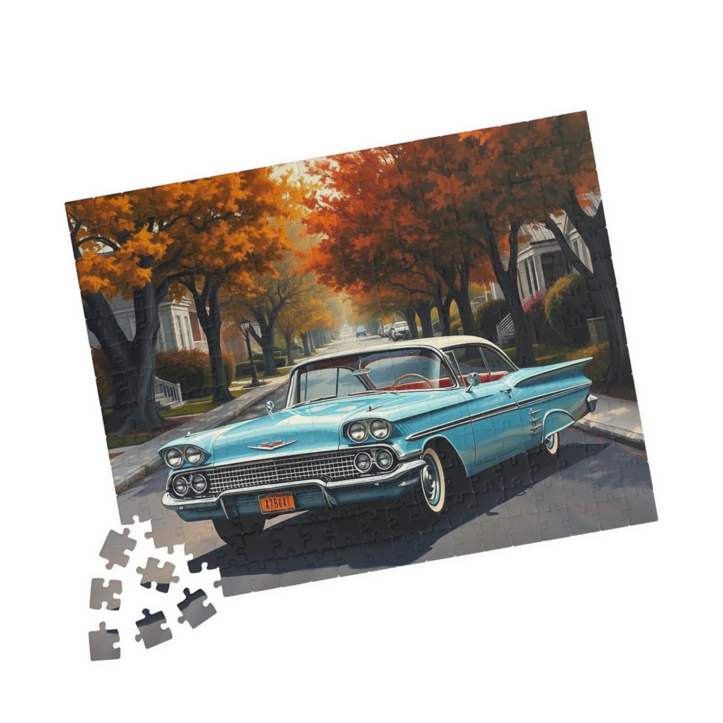 Vintage Car Jigsaw Puzzle, Classic 1958 Impala, Retro 1950s Flower-Lined Neighborhood Scene Puzzle The Puzzle Chest