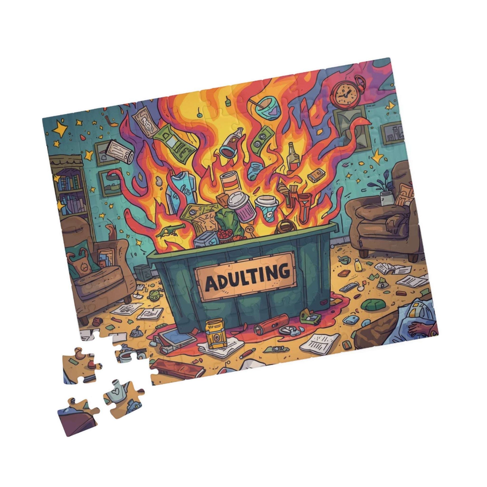 Adulting Dumpster Fire Jigsaw Puzzle - Funny Meme Theme, Mindfulness Activity, Holiday Birthday Gift for Adults, Entertainment, Brain Teaser 110 pcs (Horizontal) Puzzle The Puzzle Chest