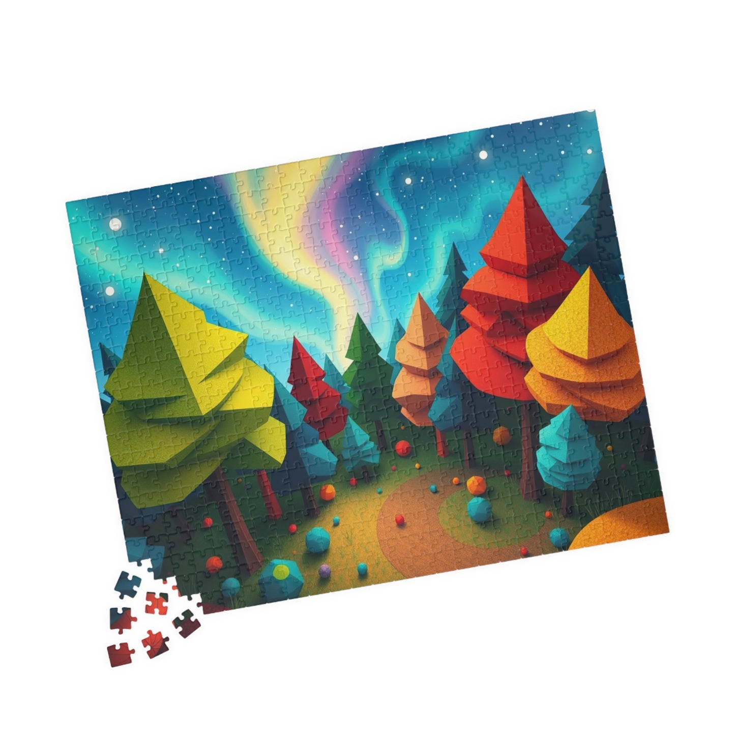 Abstract Landscape Jigsaw Puzzle, Magical Forest with Geometric Trees Aurora Sky, Challenging Game for Mental Exercise, Puzzle Lover Gift Puzzle The Puzzle Chest