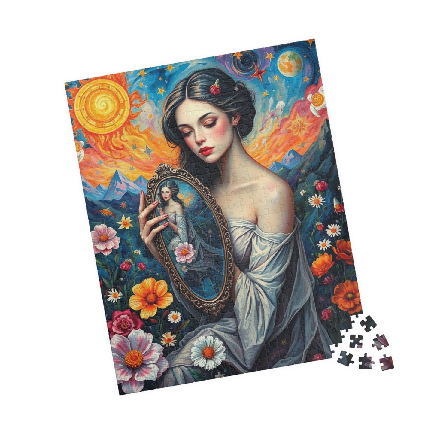 Dreamlike Self-Reflection Jigsaw Puzzle with Vibrant Flowers and Stars, Frida Kahlo Inspired, 110-1014 Piece Gift for Puzzle Art Lover 520 pcs (Vertical) Puzzle The Puzzle Chest