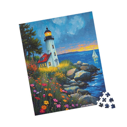 Seabreeze Beacon Jigsaw Puzzle - Coastal Lighthouse, Wildflowers and Sailboats, Family Activity Brain Teaser, Gift for Puzzle Lovers Puzzle The Puzzle Chest
