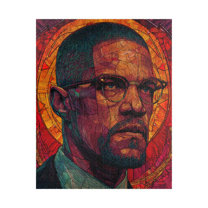 Afrocentric Malcolm X Puzzle, Stained Glass Portrait, Black History Hero, Red Orange Radiant Artwork, Educational Jigsaw, Iconic Historical Figure Puzzle Puzzle The Puzzle Chest