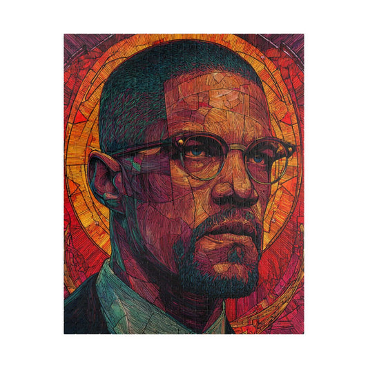 Afrocentric Malcolm X Puzzle, Stained Glass Portrait, Black History Hero, Red Orange Radiant Artwork, Educational Jigsaw, Iconic Historical Figure Puzzle Puzzle The Puzzle Chest