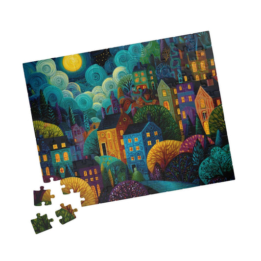Whimsical Nighttime Village Puzzle - Fairytale Landscape with Colorful Houses, Glowing Windows, and Moonlit Sky 110 pcs (Horizontal) Puzzle The Puzzle Chest