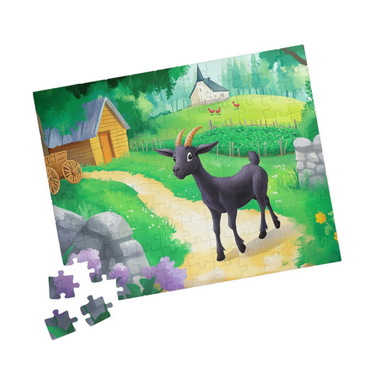 Black Goat Illustration Puzzle | Countryside Farm Scene Jigsaw 110 pcs (Horizontal) Puzzle The Puzzle Chest
