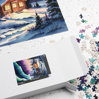 Northern Lights Landscape Puzzle, Aurora Borealis Snowy Cabin Watercolor Jigsaw Game, Hobby, Puzzle Lover Gift, Frameable Art, Relaxation Puzzle The Puzzle Chest
