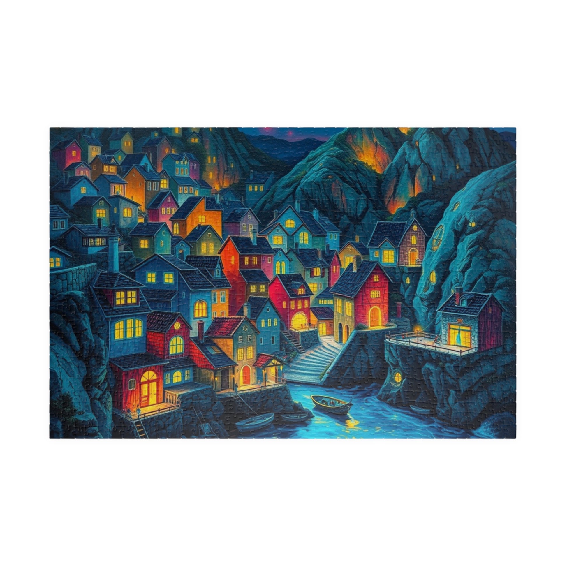 Bioluminescent 3D Village Jigsaw Puzzle for Adults, Cinematic Style with Glowing Colors and Dramatic Town Scene, Ideal Gift for Puzzle Fan 1014 pcs (Horizontal) The Puzzle Chest
