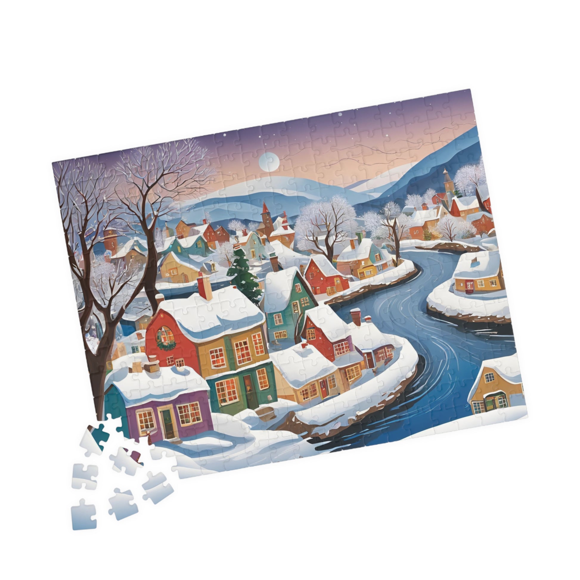 Charming Village Winter Scene Puzzle, Snowy River Landscape Jigsaw Game, 110 252 520 1014-Pieces, Adult Family Fun Activity The Puzzle Chest