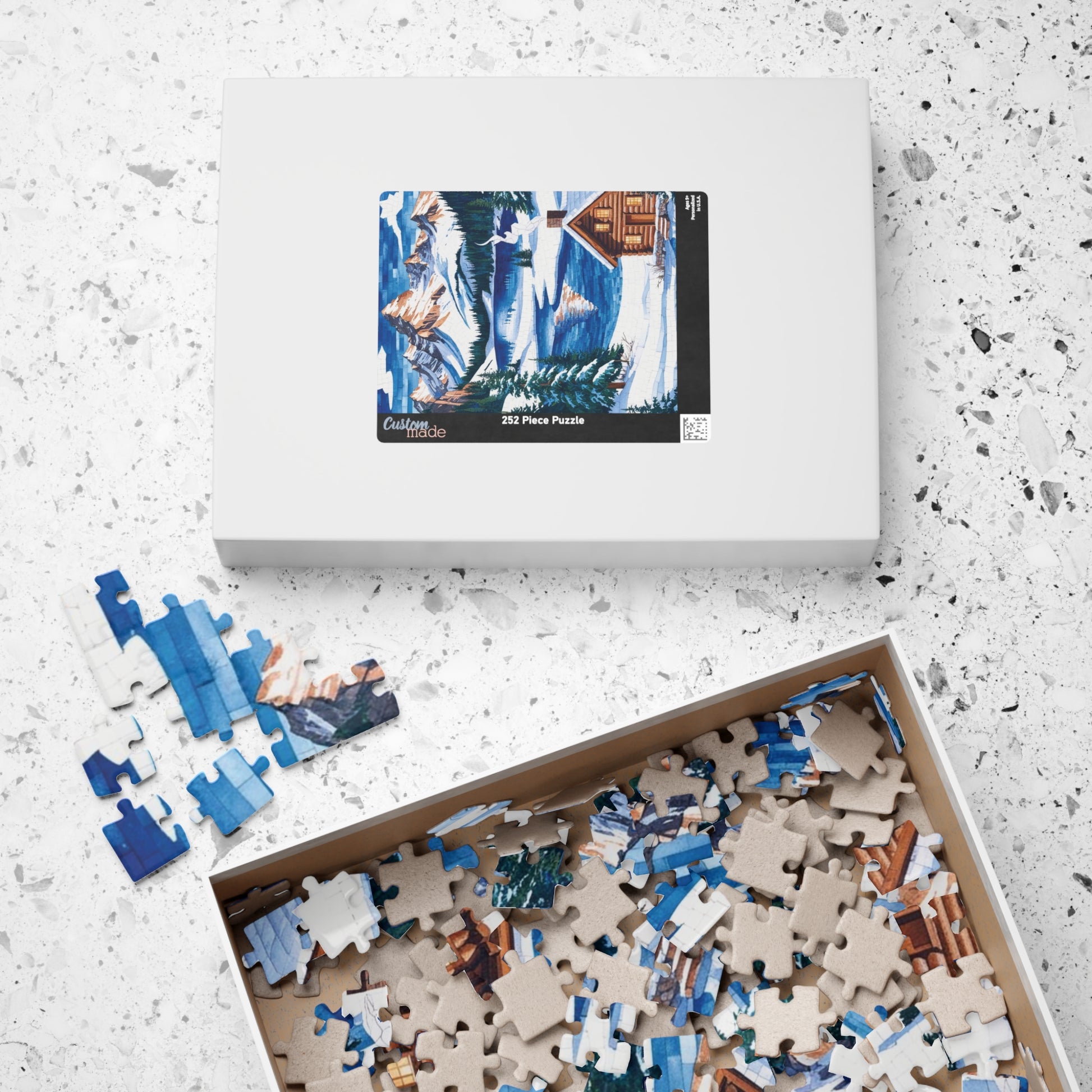 Mosaic Winter Mountain Scene Jigsaw Puzzle, Snowy Cabin Landscape, 520 Piece, Christmas Gift, Relaxation Activity, Wall Art Decor Puzzle The Puzzle Chest