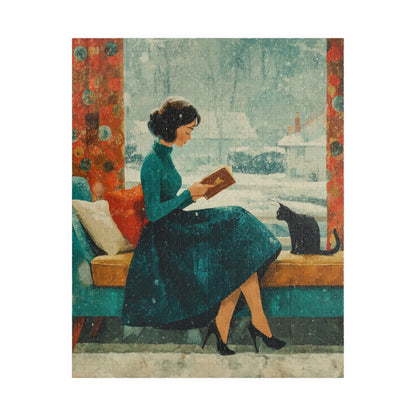 Mid-Century Winter Reading Nook Jigsaw Puzzle – Vintage 1950s Woman, Cat, and Snowy Window Puzzle The Puzzle Chest