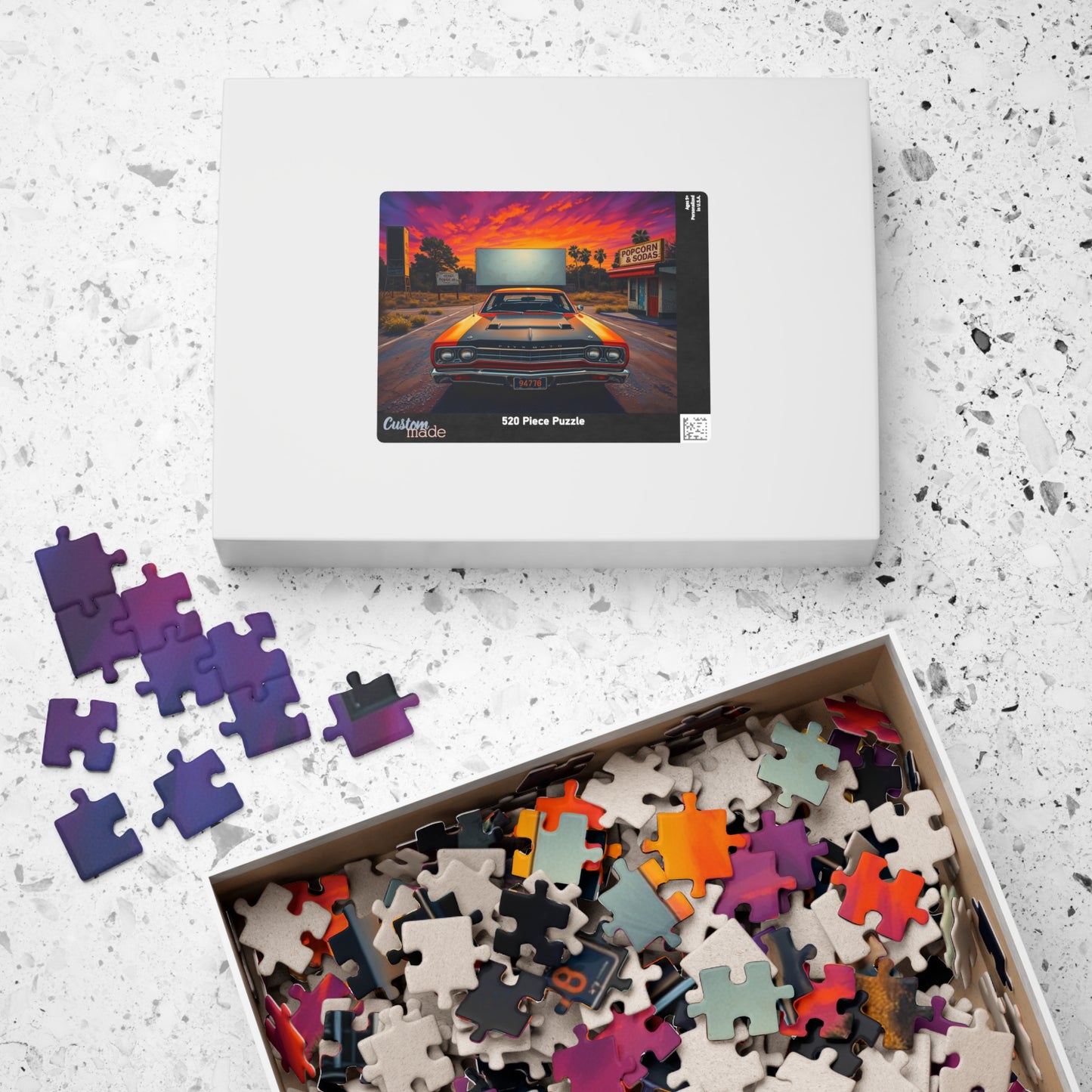 Vintage Car Puzzle, Orange 1969 Plymouth Road Runner, Sunset Classic Vehicle Scene Nostalgic Drive-In Background, Retro Puzzle Lover Gift Puzzle The Puzzle Chest