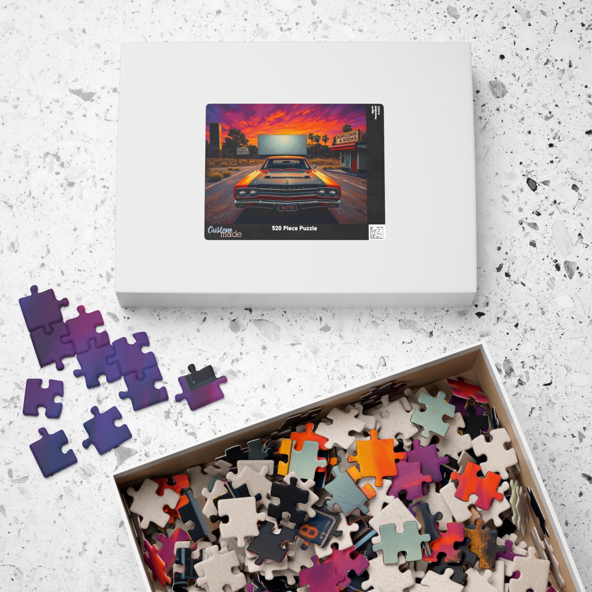 Vintage Car Puzzle, Orange 1969 Plymouth Road Runner, Sunset Classic Vehicle Scene Nostalgic Drive-In Background, Retro Puzzle Lover Gift Puzzle The Puzzle Chest