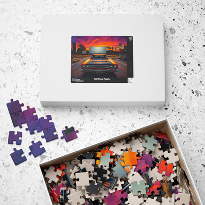 Vintage Car Puzzle, Orange 1969 Plymouth Road Runner, Sunset Classic Vehicle Scene Nostalgic Drive-In Background, Retro Puzzle Lover Gift Puzzle The Puzzle Chest