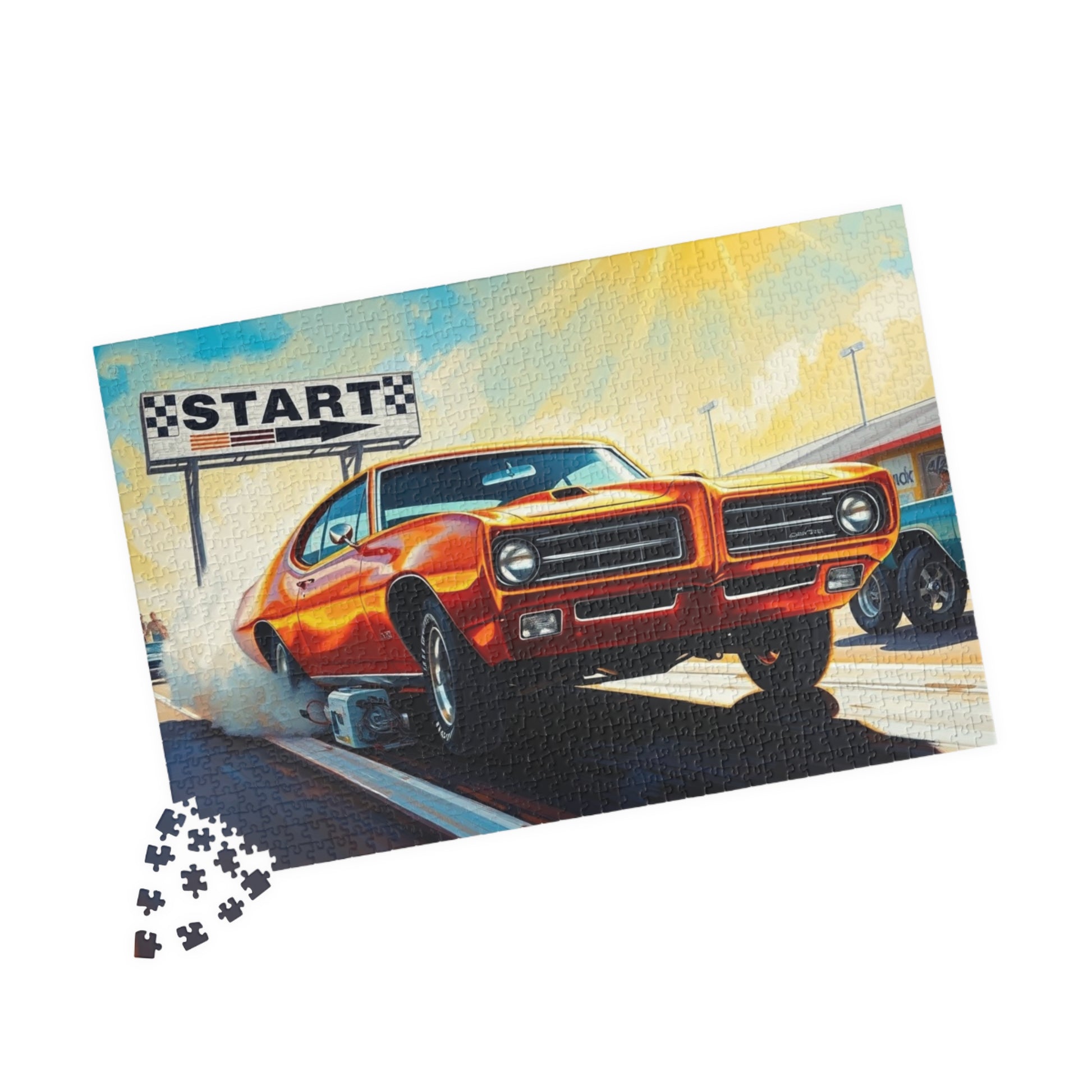 Vintage Muscle Car Puzzle, Classic Metallic Orange 1969 Pontiac GTO, Drag Race Strip Scene Jigsaw Game for Him, Mindful Puzzle Lover Gift Puzzle The Puzzle Chest