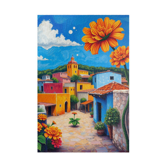 Mexican Village Jigsaw Puzzle, 110 252 520 1014 Pieces, Colorful Houses Milagros Marigolds Blue Sky, Gift for Puzzle Enthusiasts, Mindful