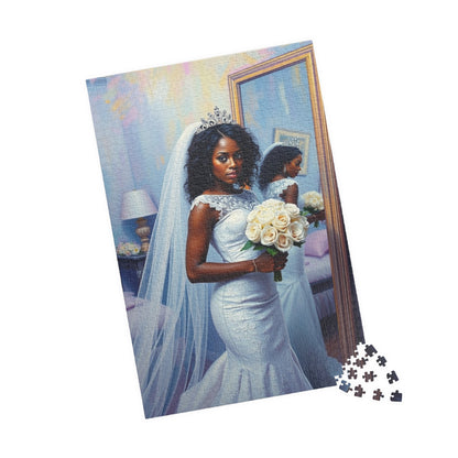 African American Bride Puzzle, White Lace Gown and Tiara, Black Woman Wedding Day Reflection Jigsaw Game Puzzle The Puzzle Chest