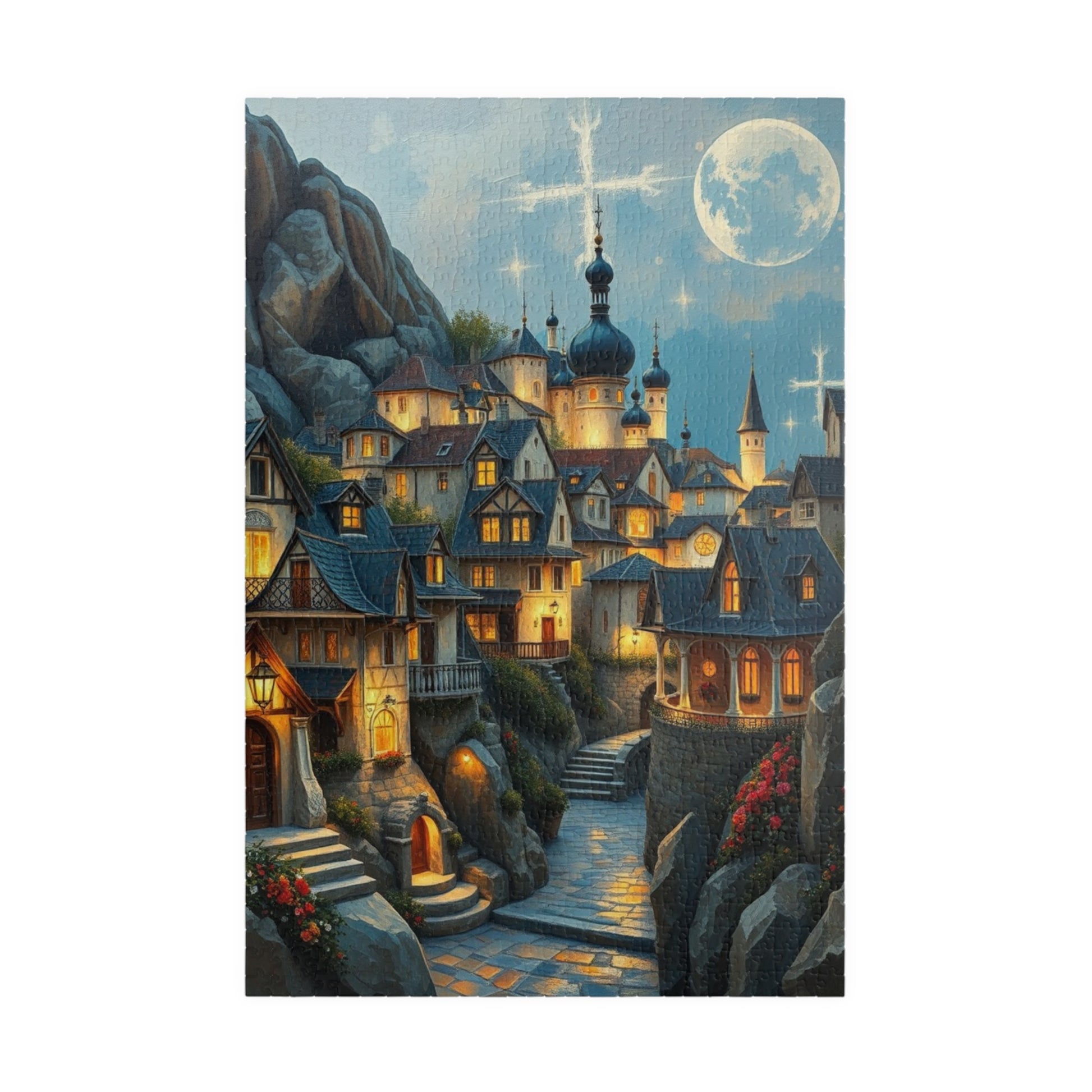 Mountain Village Puzzle, Elegant Moonlite Town Adult Jigsaw Game, Relaxing Indoor Hobby, Solo Activity, Family Fun, Holiday Birthday Gift 1014 pcs (Vertical) The Puzzle Chest