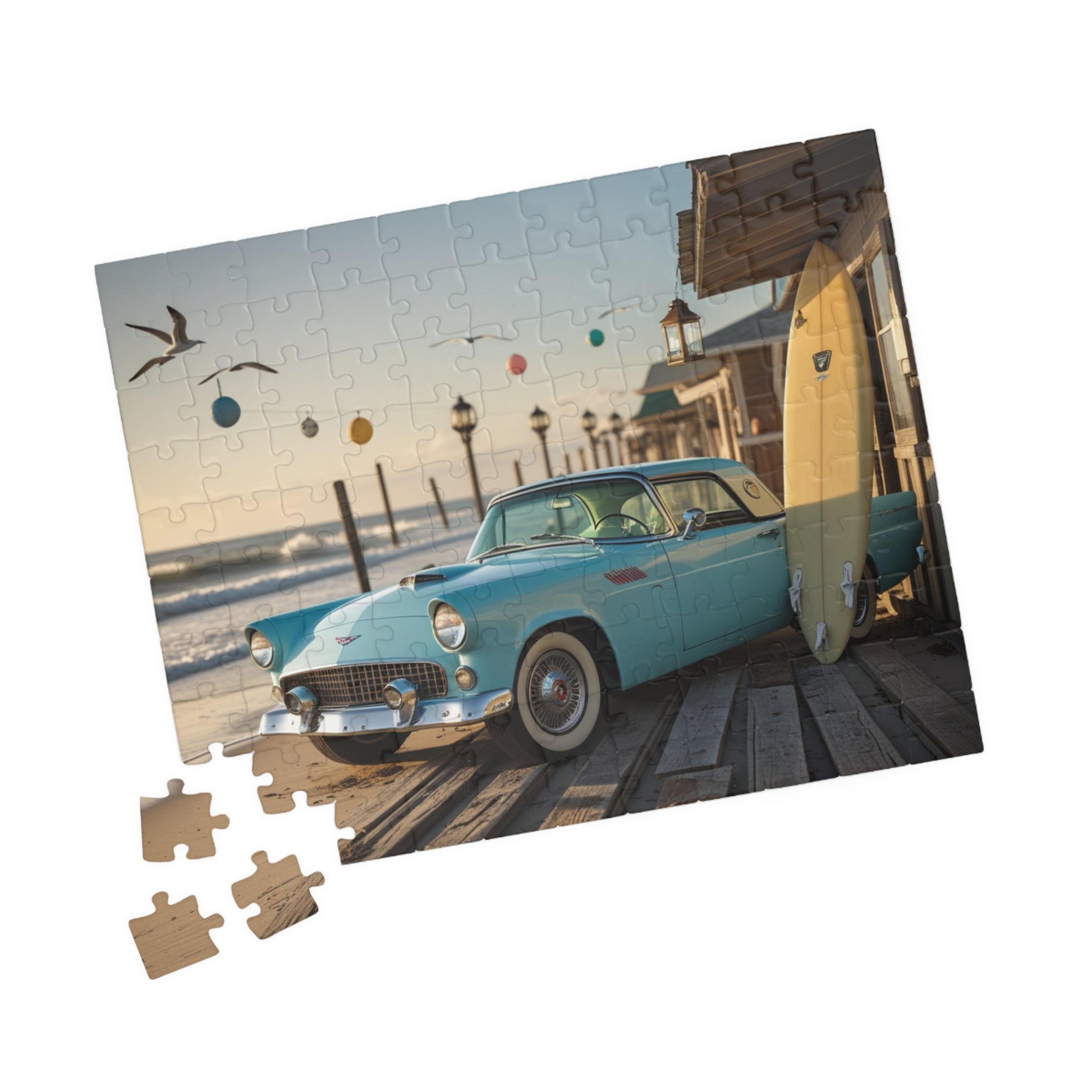 Vintage Car Jigsaw Puzzle - Classic 1955 Thunderbird | Retro Auto Beach Scene Puzzle The Puzzle Chest