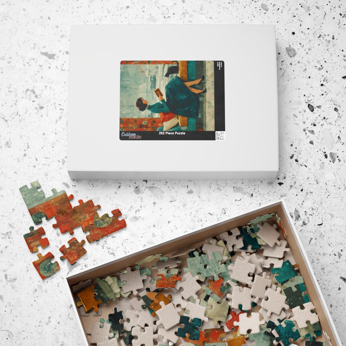 Mid-Century Winter Reading Nook Jigsaw Puzzle – Vintage 1950s Woman, Cat, and Snowy Window Puzzle The Puzzle Chest