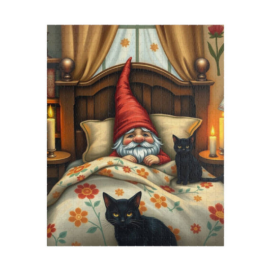 Gnome Sleeping in Cottage Bed with Cats – Folk Art Nighttime Jigsaw Puzzle Puzzle The Puzzle Chest