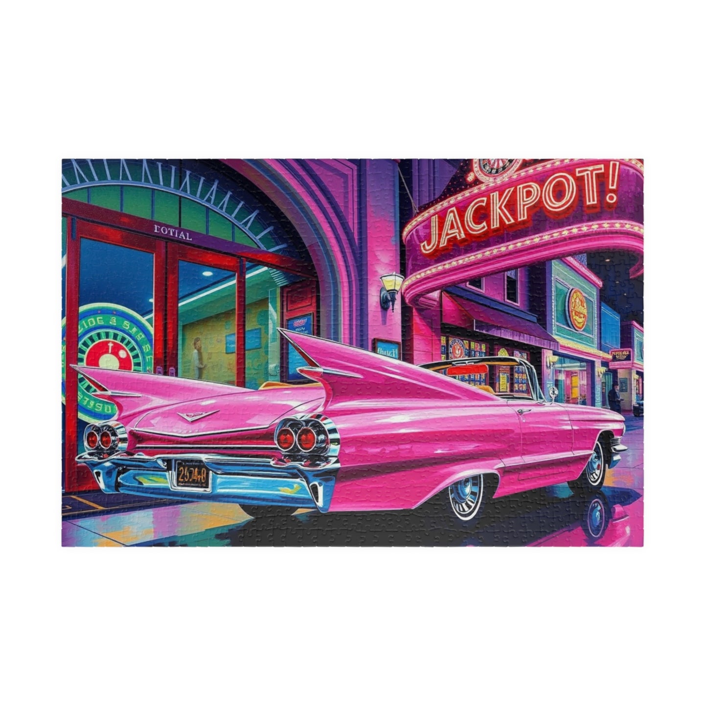 Vintage Car Puzzle - 1959 Pink Eldorado, Retro Casino and Classic Vehicle Scene 1014 pcs (Horizontal) Puzzle The Puzzle Chest