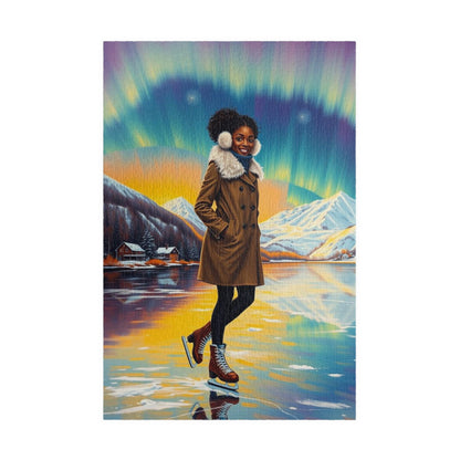 Aurora Borealis Puzzle - Black Woman Portrait, Cozy Afrocentric Winter Vibes, Ice Skating Scene, Family Fun, Gift for Puzzle Lover, Holidays