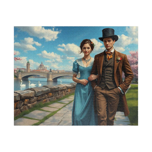 Romantic Stroll by the River - 19th Century Victorian Couple Jigsaw Puzzle with Blossoms, Bridge, and Swans Puzzle The Puzzle Chest