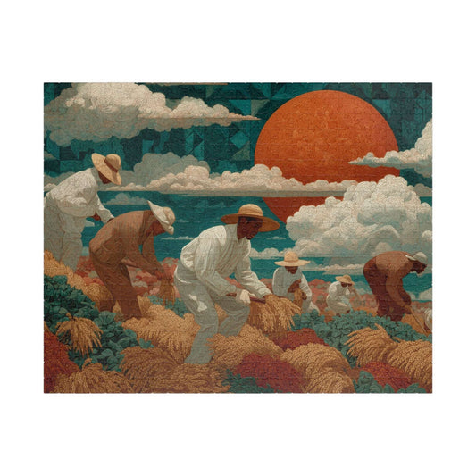 Afrocentric Black Art Jigsaw Puzzle - Sharecroppers in Golden Fields with Quilt-Pattern Sky Puzzle The Puzzle Chest