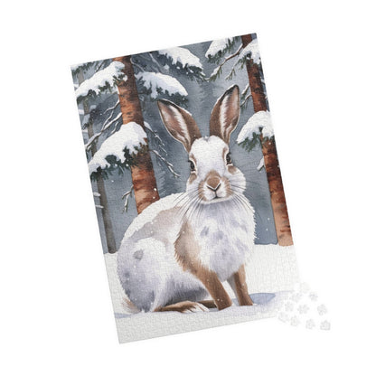 Snowshoe Rabbit Jigsaw Puzzle, Winter Landscape, Wildlife, Animal Puzzle, Winter Scene, Camouflage Puzzle, Snowy Rabbit Puzzle