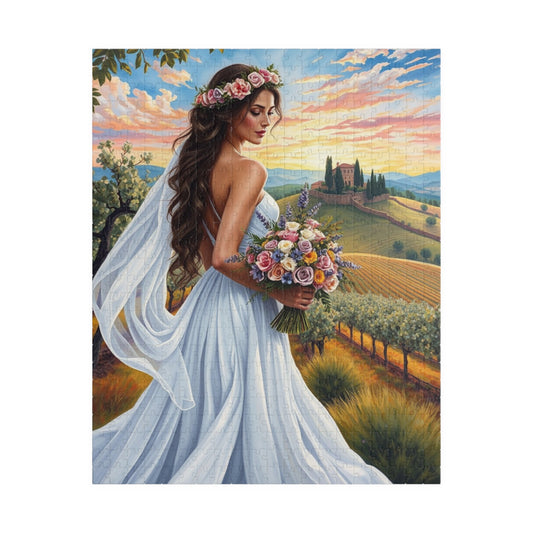 Elegant Italian Bride Jigsaw Puzzle, White Gown Floral Crown Wildflower Bouquet, Tuscan Vineyard Romantic Wedding, Puzzle Enthusiast Gift 520 pcs (Vertical) Puzzle The Puzzle Chest