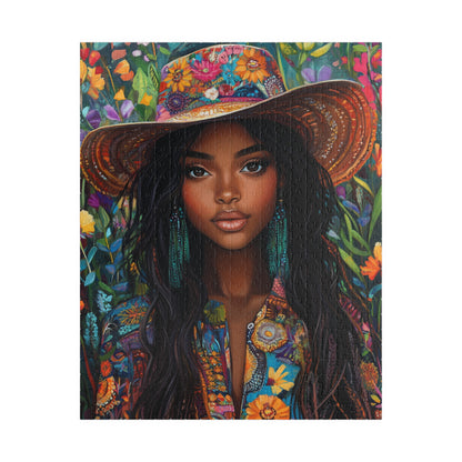 Boho Floral Portrait Puzzle 110-1014 Piece | African American Sunhat Woman Jigsaw