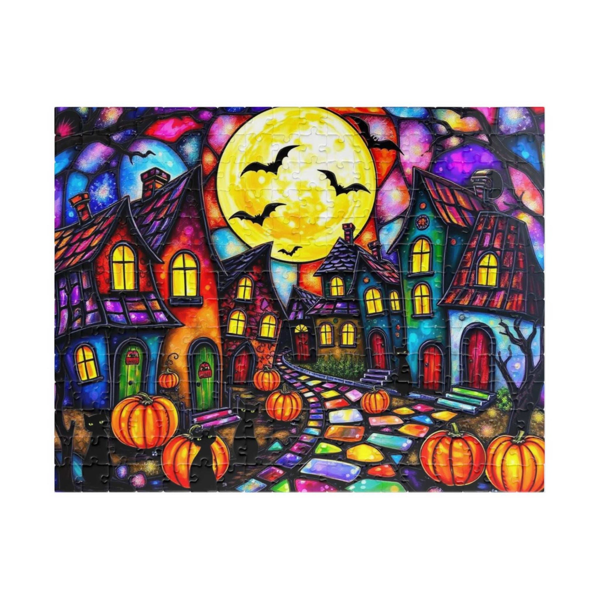Spooky Night Village Jigsaw Puzzle, Halloween Themed Black Cat Puzzle Stained Glass Style