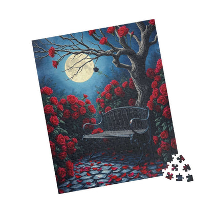 Moonlit Gothic Garden Puzzle, Dark Romantic Fantasy Jigsaw Game, Cobblestone Path Iron Bench and Roses, Relaxing Challenge for Puzzle Lover Puzzle The Puzzle Chest