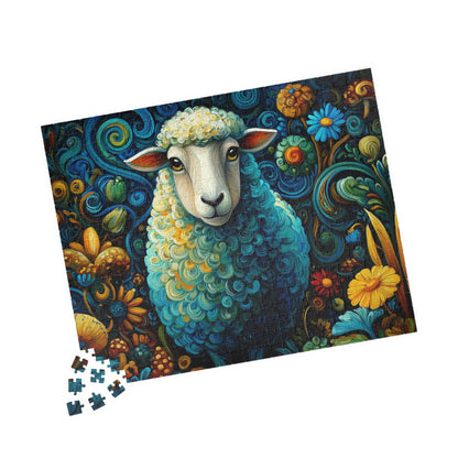 Colorful Sheepscape Puzzle 110/252/500 Piece Jigsaw | Whimsical Floral Sheep Art 520 pcs (Horizontal) Puzzle The Puzzle Chest
