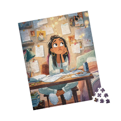 Funny Homework Cartoon Puzzle - Watercolor Jigsaw Game, Teen Girl Struggling at Desk 520 pcs (Vertical) Puzzle The Puzzle Chest