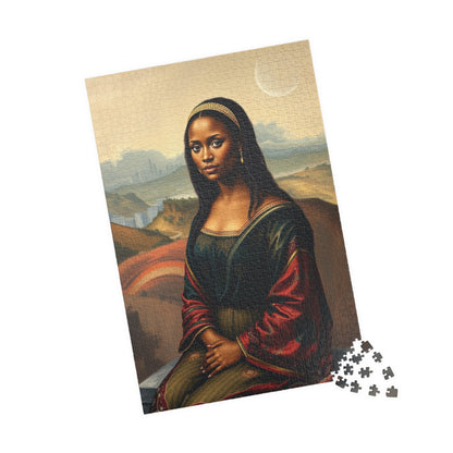 African American Woman Mona Lisa-Inspired Puzzle, Rolling Hills and Cityscape Background Jigsaw Game, Mindful Activity, Puzzle Lover Gift