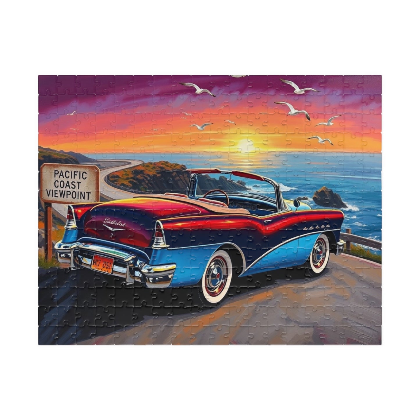 Vintage Car Puzzle, Sky Blue 1953 Buick Skylark Convertible, Classic Vehicle at a Scenic California Overlook, Car Enthusiast Gift for Him 252 pcs (Horizontal) Puzzle The Puzzle Chest