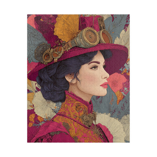 Vibrant Steampunk Lady Jigsaw Puzzle – Artistic Floral Background and Vintage Gear Hat Puzzle The Puzzle Chest