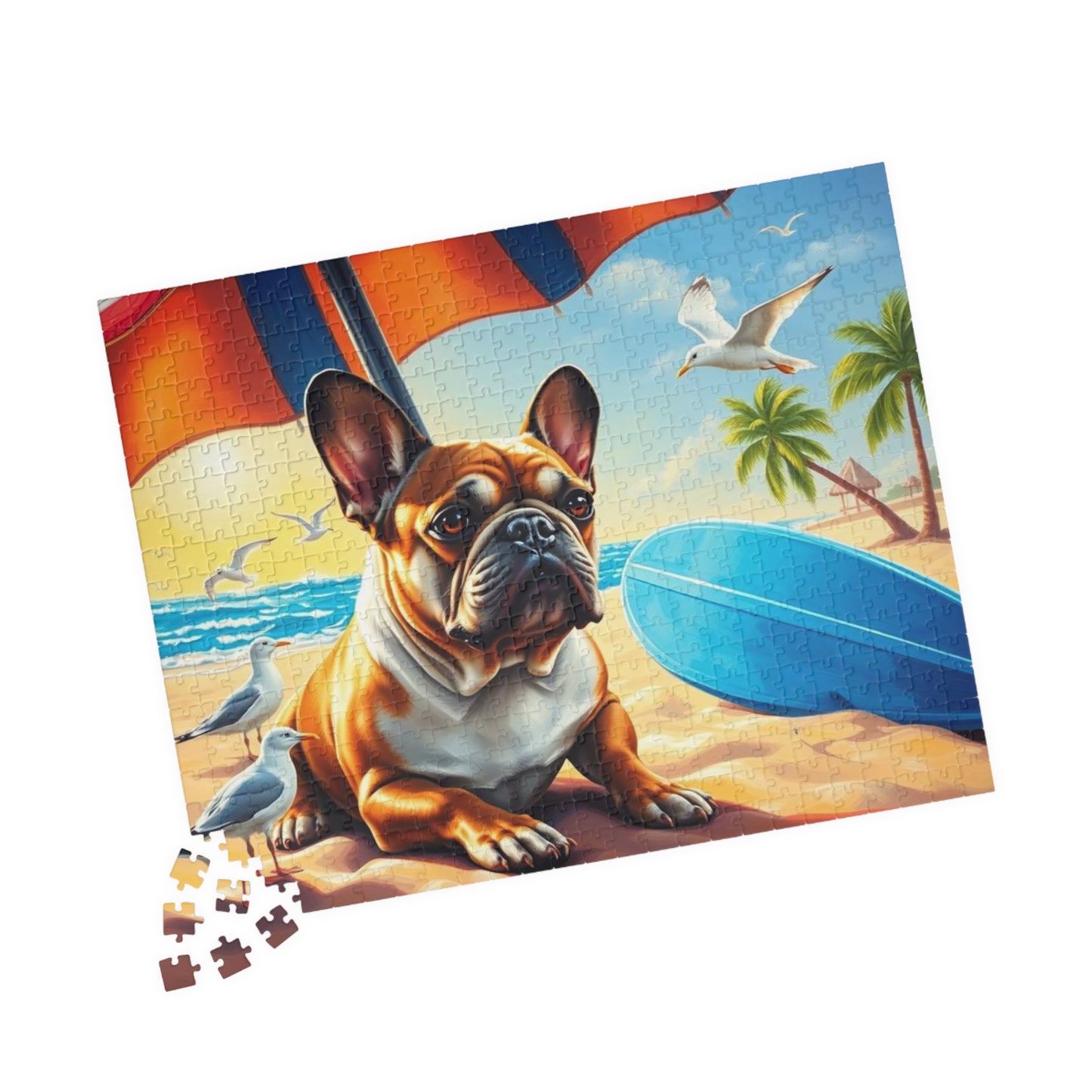 Beach Dog Puzzle - French Bulldog Jigsaw Game for Adults, Animal Lover Gift for Friend, Family Game Night, Brain Teaser, Relaxation Activity