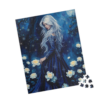 Lady of the Midnight Garden - Moonlit White Rose Jigsaw Puzzle