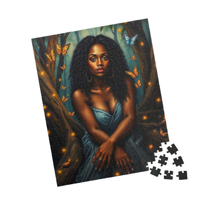Afrocentric Jigsaw Puzzle - Black Woman in Mystical Forest, Fireflies and Butterflies Design, Relaxing Indoor Family or Solo Activity, Gift