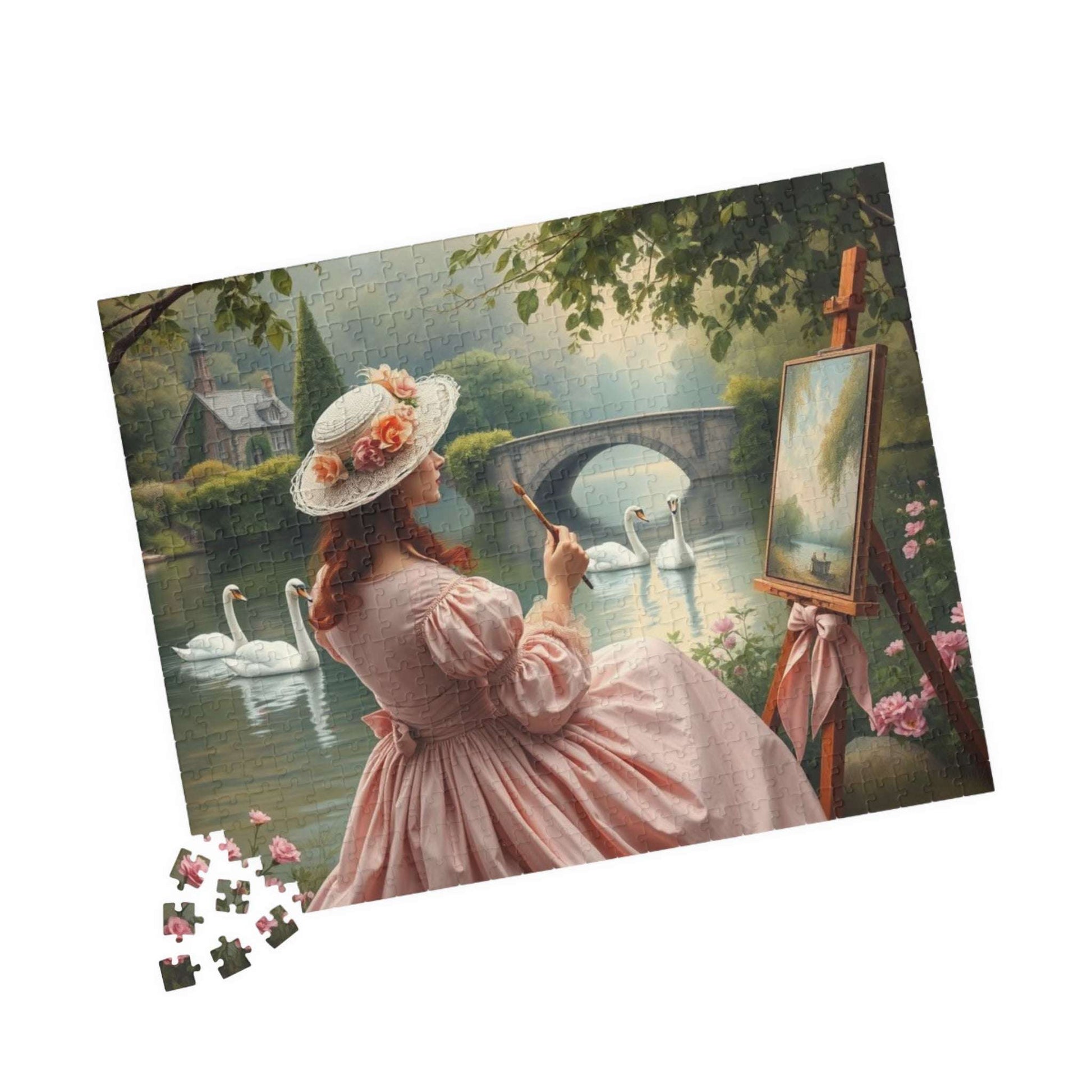 Romantic Lake Painting Jigsaw Puzzle - Victorian Woman, Swans, Stone Bridge & Blossoms, Vintage Style Gift for Art Lover 520 pcs (Horizontal) Puzzle The Puzzle Chest