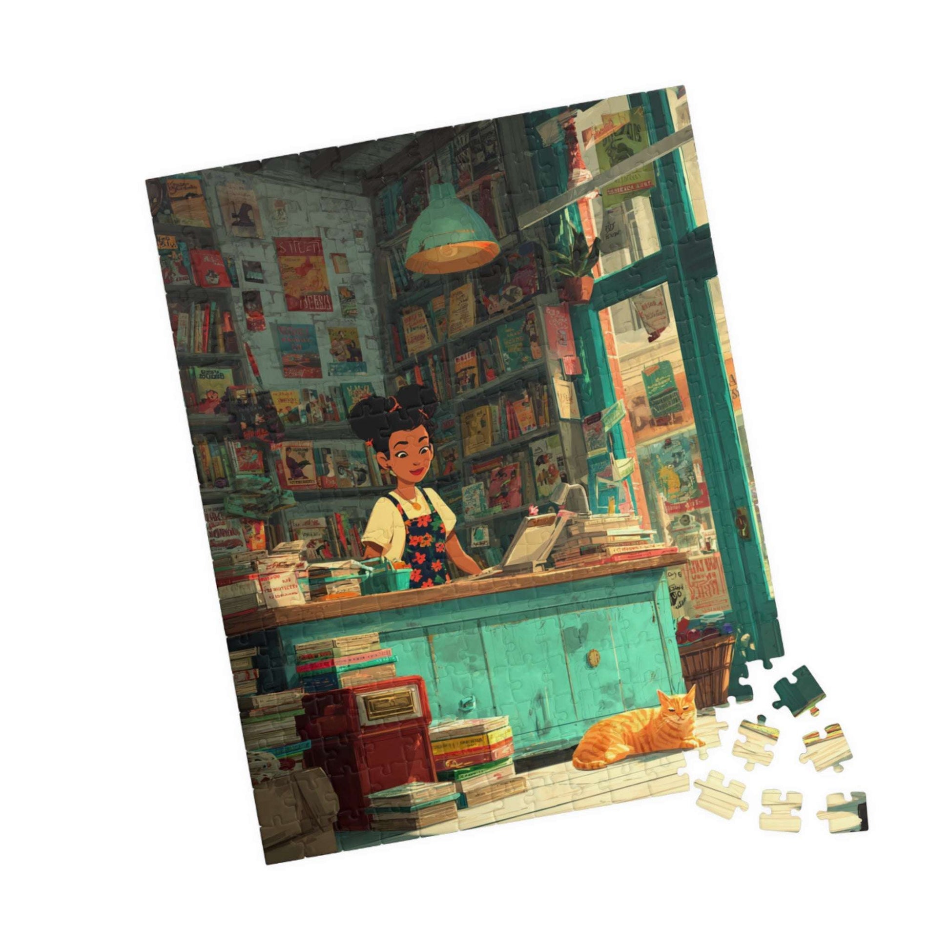 The Bookstore Cat - Whimsical Cartoon Cozy Bookshop Jigsaw Puzzle, Family Activity, Cat Lovers Gift, Perfect for Game Night 252 pcs (Vertical) Puzzle The Puzzle Chest