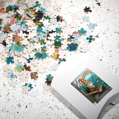 Gnome Fishing by Lake – Whimsical Folk Art Lakeside Jigsaw Puzzle Puzzle The Puzzle Chest