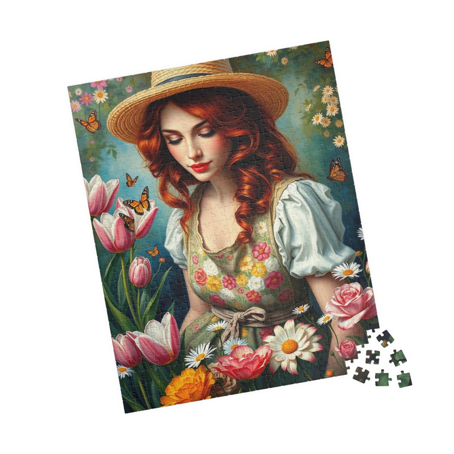 Jigsaw Puzzle, Woman Gardening Among Tulips, Daisies, Roses - 110, 252, 520, 1014-piece, Floral Apron, Straw Hat, Red Hair, Relaxing Puzzle The Puzzle Chest