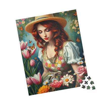 Jigsaw Puzzle, Woman Gardening Among Tulips, Daisies, Roses - 110, 252, 520, 1014-piece, Floral Apron, Straw Hat, Red Hair, Relaxing Puzzle The Puzzle Chest