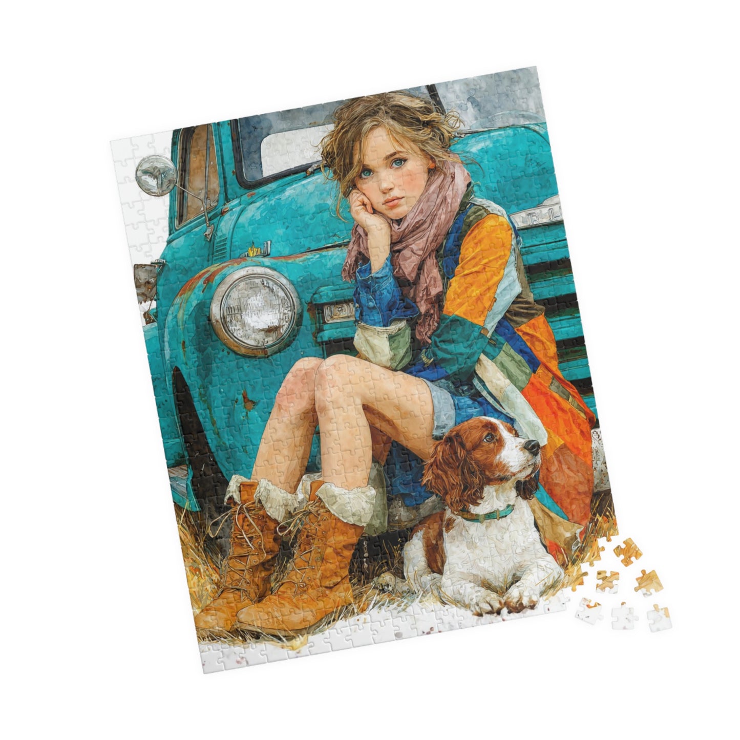 Rustic Country Girl and Dog Jigsaw Puzzle - Vintage Truck and Spaniel Companion 520 pcs (Vertical) Puzzle The Puzzle Chest